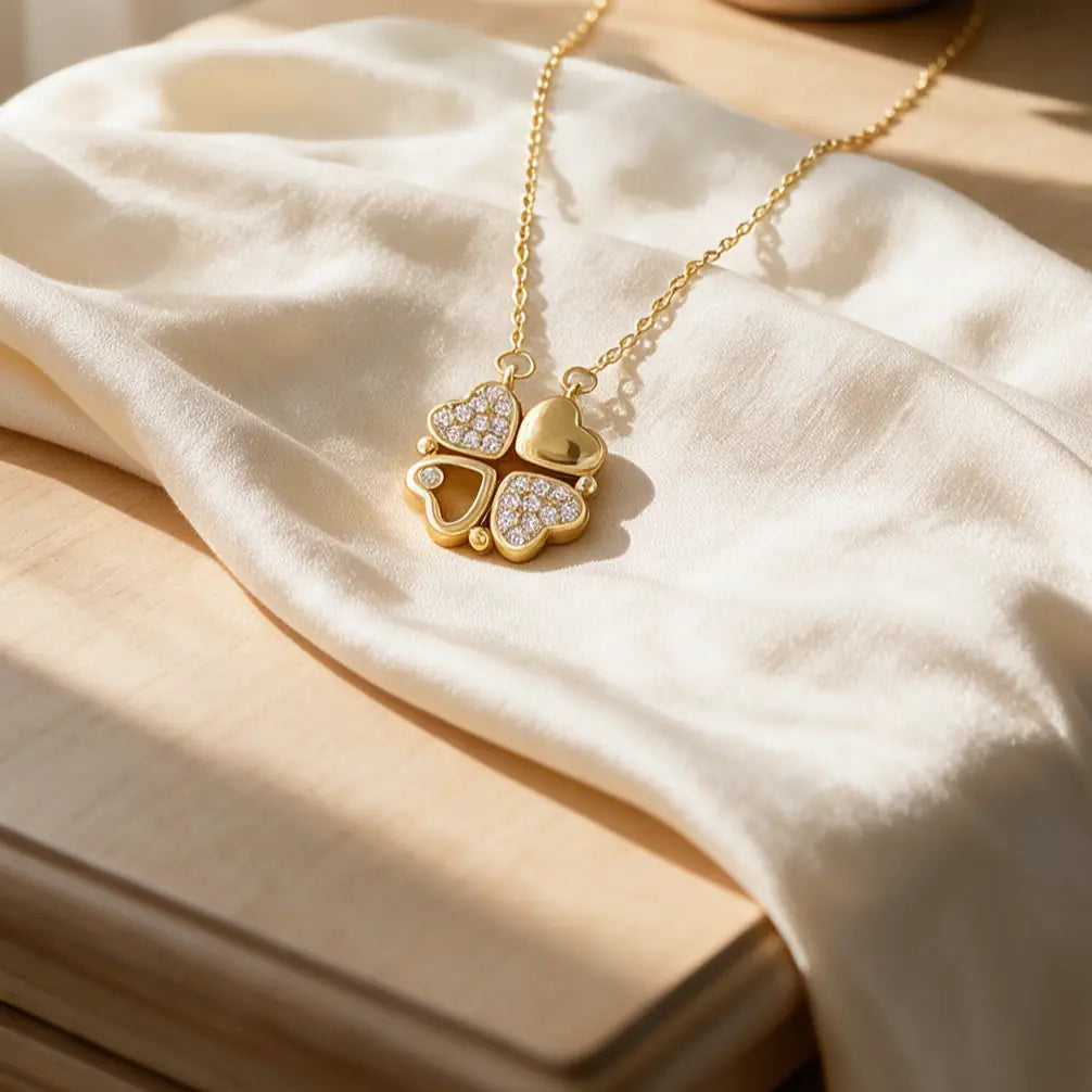 A gold necklace with a four-leaf clover pendant, where two leaves are paved with small clear stones and one leaf is a smooth gold heart, resting on draped cream-colored fabric over a light wood surface.