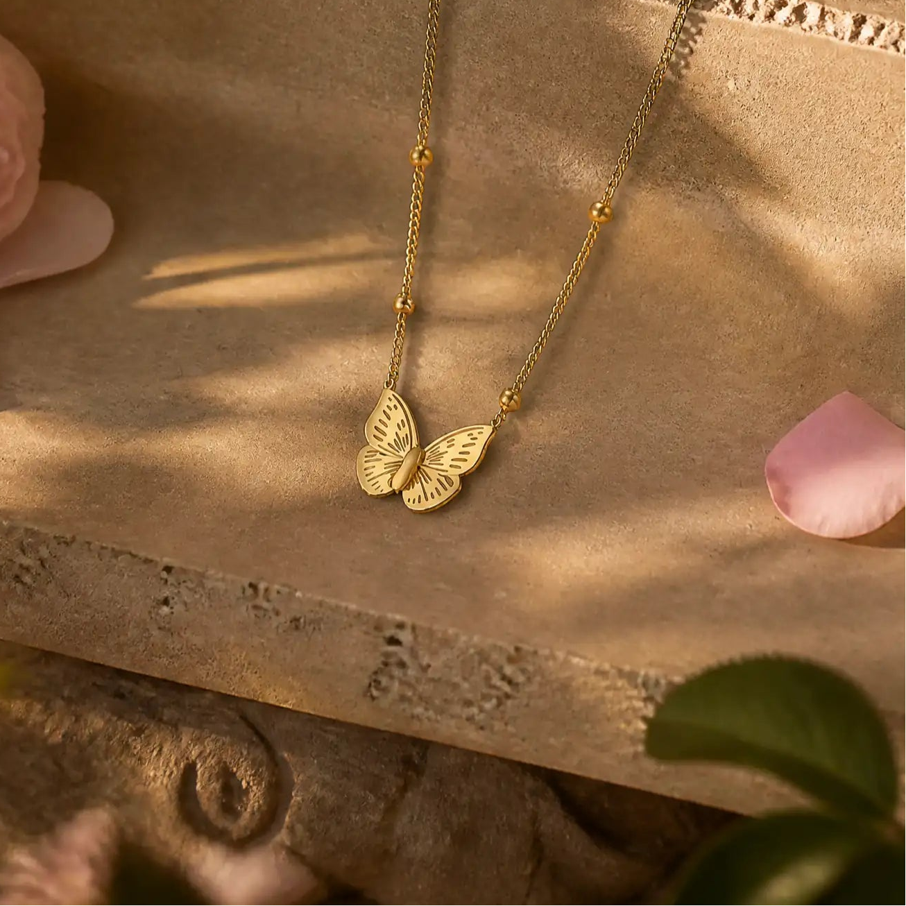 A delicate gold necklace with a butterfly pendant lies on a textured stone surface, surrounded by soft pink flower petals and green leaves in warm natural light.