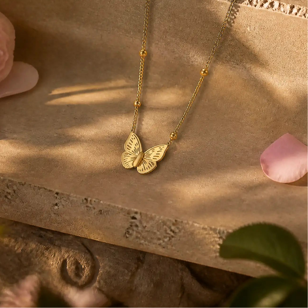 A delicate gold necklace with a butterfly pendant lies on a textured stone surface, surrounded by soft pink flower petals and green leaves in warm natural light.