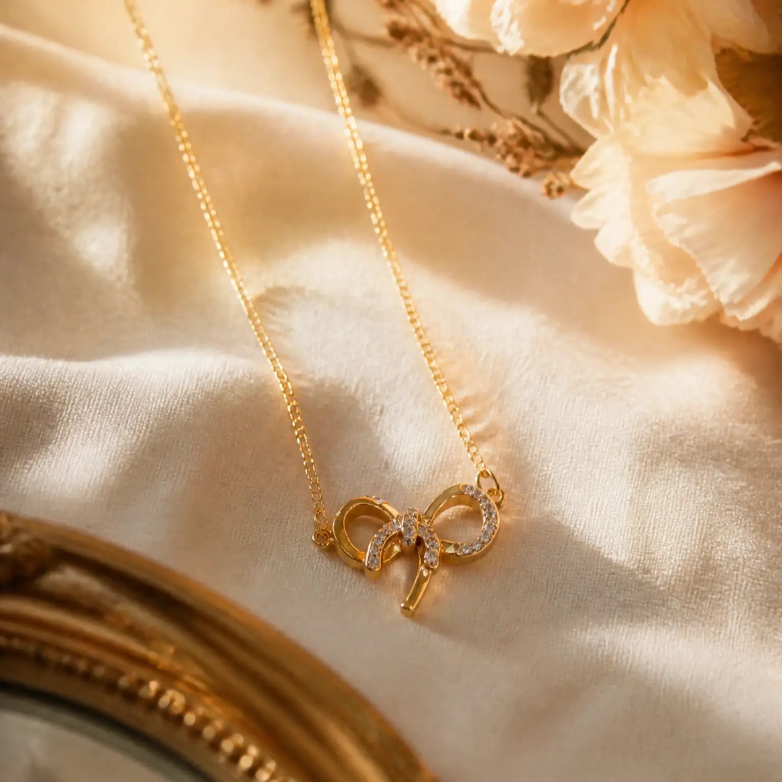 A delicate gold necklace with a bow-shaped pendant adorned with small clear stones, resting on draped cream satin fabric with soft floral accents.