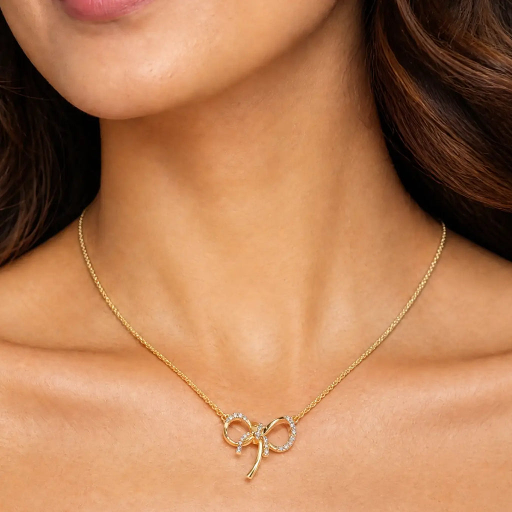 Sparkling Crystal Ribbon Bow Pendant Necklace
